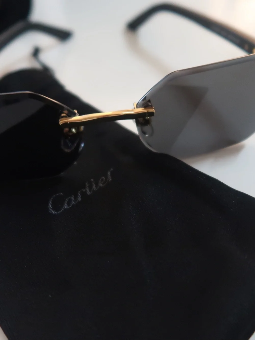 Geometric Rimless Sunglasses — Black & Gold Accents